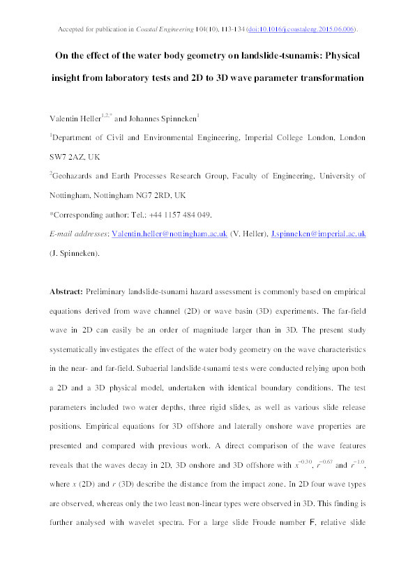 On the effect of the water body geometry on landslide–tsunamis: physical insight from laboratory tests and 2D to 3D wave parameter transformation Thumbnail