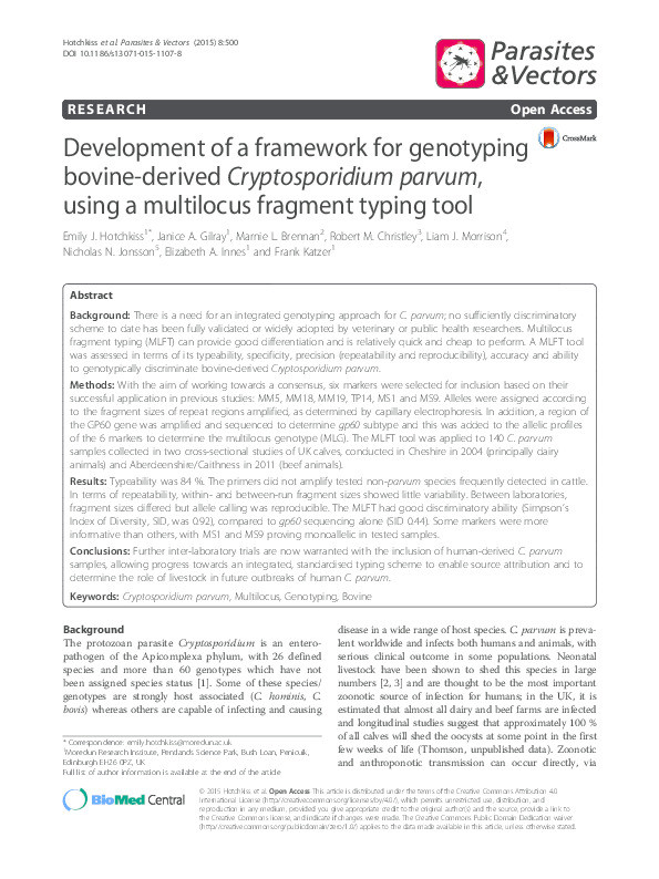 Development of a framework for genotyping bovine-derived Cryptosporidium parvum, using a multilocus fragment typing tool Thumbnail