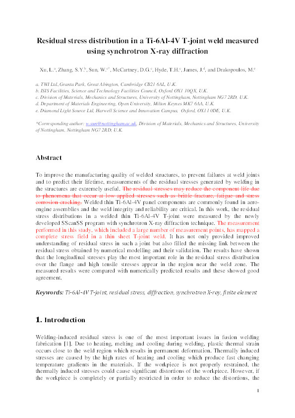 Residual stress distribution in a Ti-6Al-4V T-joint weld measured using synchrotron X-ray diffraction Thumbnail