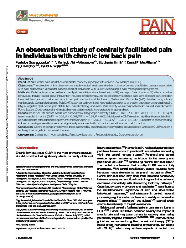 An observational study of centrally facilitated pain in individuals with chronic low back pain Thumbnail