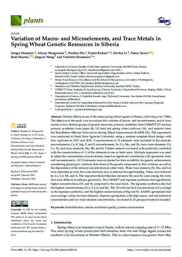Variation of Macro-and Microelements, and Trace Metals in Spring Wheat Genetic Resources in Siberia Thumbnail