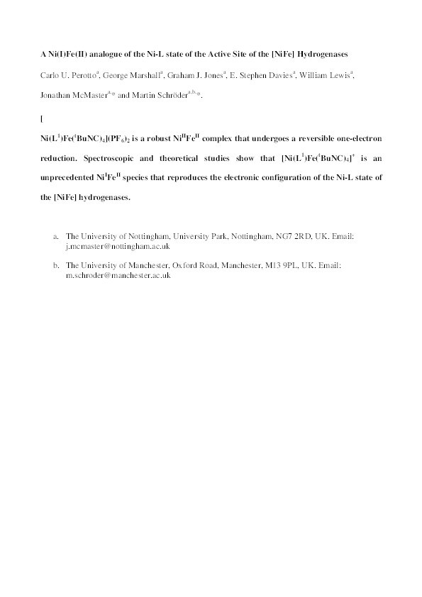 A Ni(I)Fe(II) analogue of the Ni-L state of the active site of the [NiFe] hydrogenases Thumbnail