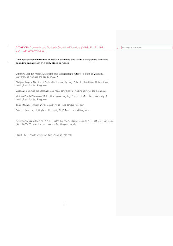 The Association of Specific Executive Functions and Falls Risk in People with Mild Cognitive Impairment and Early-Stage Dementia Thumbnail