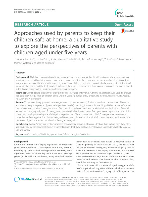 Approaches used by parents to keep their children safe at home: a qualitative study to explore the perspectives of parents with children aged under five years Thumbnail