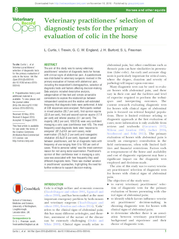 Veterinary practitioners’ selection of diagnostic tests for the primary evaluation of colic in the horse Thumbnail