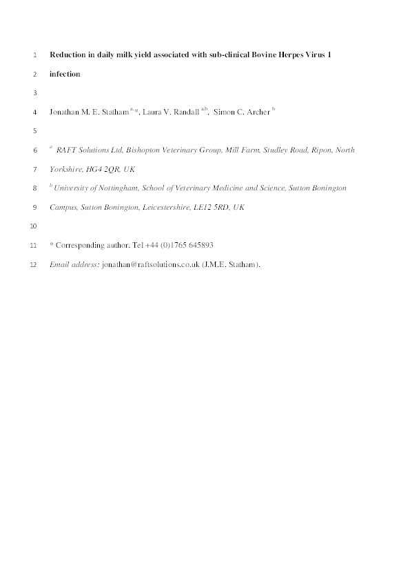 Reduction in daily milk yield associated with sub-clinical bovine herpes virus 1 infection Thumbnail