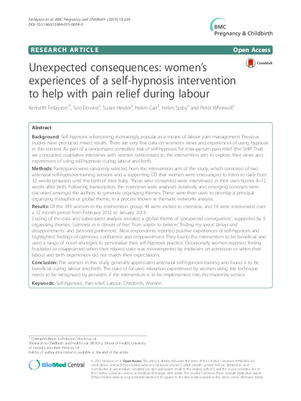 Unexpected consequences: women’s experiences of a self-hypnosis intervention to help with pain relief during labour Thumbnail