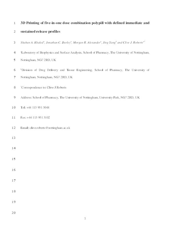 3D printing of five-in-one dose combination polypill with defined immediate and sustained release profiles Thumbnail