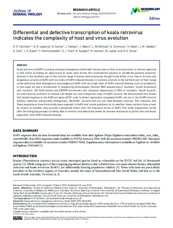 Differential and defective transcription of koala retrovirus indicates the complexity of host and virus evolution Thumbnail