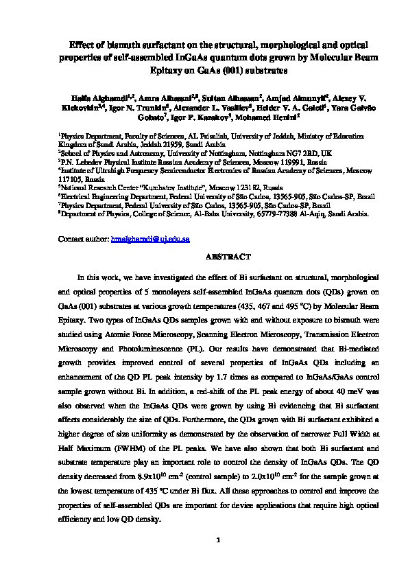 Effect of bismuth surfactant on the structural, morphological and optical properties of self-assembled InGaAs quantum dots grown by Molecular Beam Epitaxy on GaAs (001) substrates Thumbnail