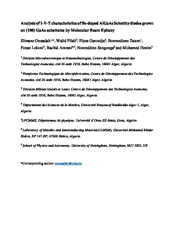 Analysis of I–V-T characteristics of Be-doped AlGaAs Schottky diodes grown on (100) GaAs substrates by molecular beam epitaxy Thumbnail