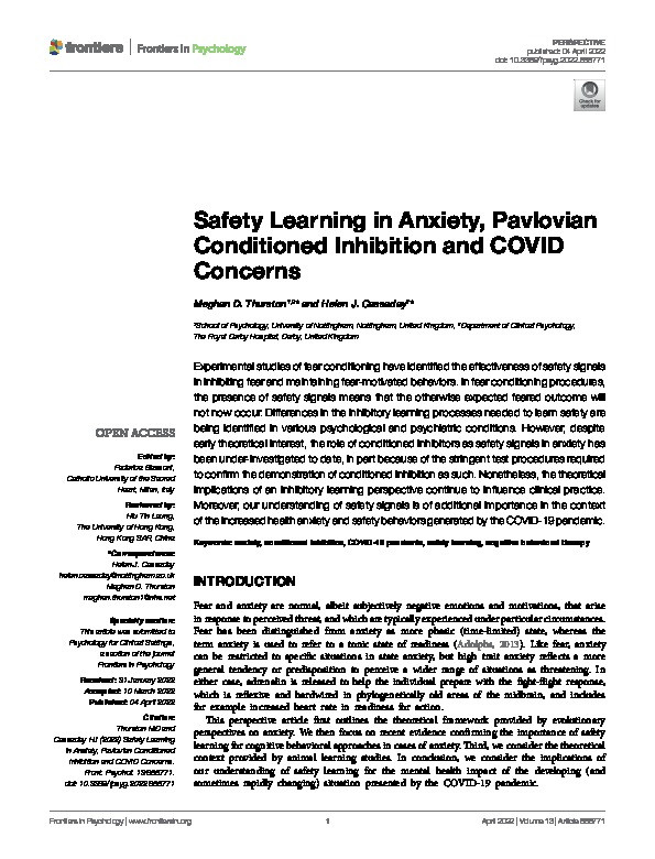 Safety Learning in Anxiety, Pavlovian Conditioned Inhibition and COVID Concerns Thumbnail