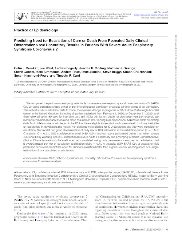 Predicting Need for Escalation of Care or Death From Repeated Daily Clinical Observations and Laboratory Results in Patients With Severe Acute Respiratory Syndrome Coronavirus 2 Thumbnail