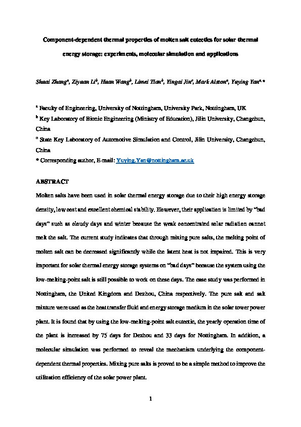 Component-dependent thermal properties of molten salt eutectics for solar thermal energy storage: Experiments, molecular simulation and applications Thumbnail