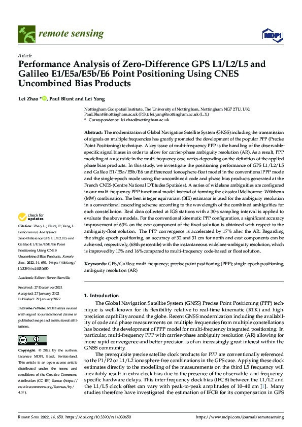 Performance Analysis of Zero-Difference GPS L1/L2/L5 and Galileo E1/E5a/E5b/E6 Point Positioning Using CNES Uncombined Bias Products Thumbnail