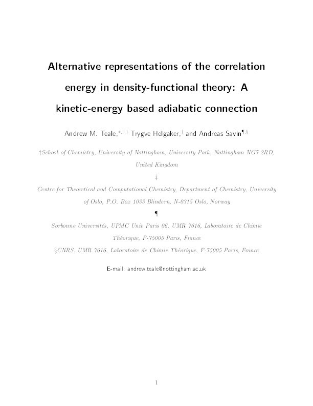 Alternative representations of the correlation energy in density-functional theory: a kinetic-energy based adiabatic connection Thumbnail