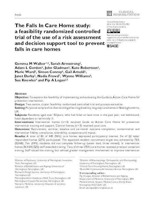 The Falls In Care Home study: a feasibility randomized controlled trial of the use of a risk assessment and decision support tool to prevent falls in care homes Thumbnail