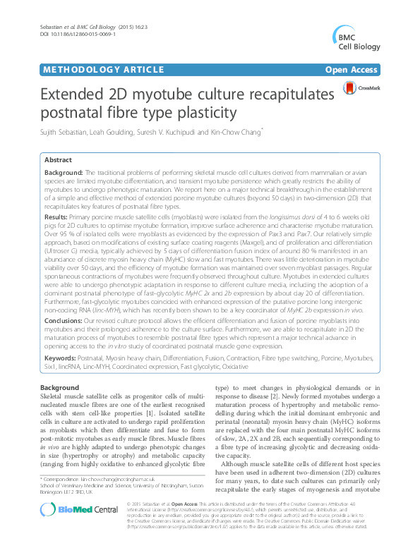 Extended 2D myotube culture recapitulates postnatal fibre type plasticity Thumbnail
