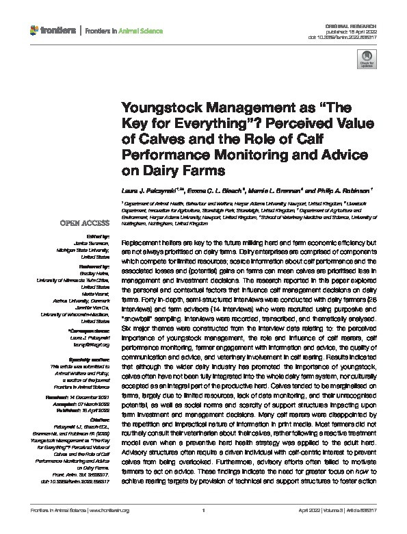 Youngstock Management as “The Key for Everything”? Perceived Value of Calves and the Role of Calf Performance Monitoring and Advice on Dairy Farms Thumbnail