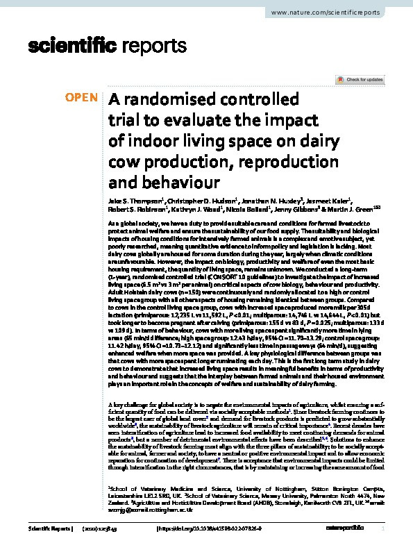 A randomised controlled trial to evaluate the impact of indoor living space on dairy cow production, reproduction and behaviour Thumbnail