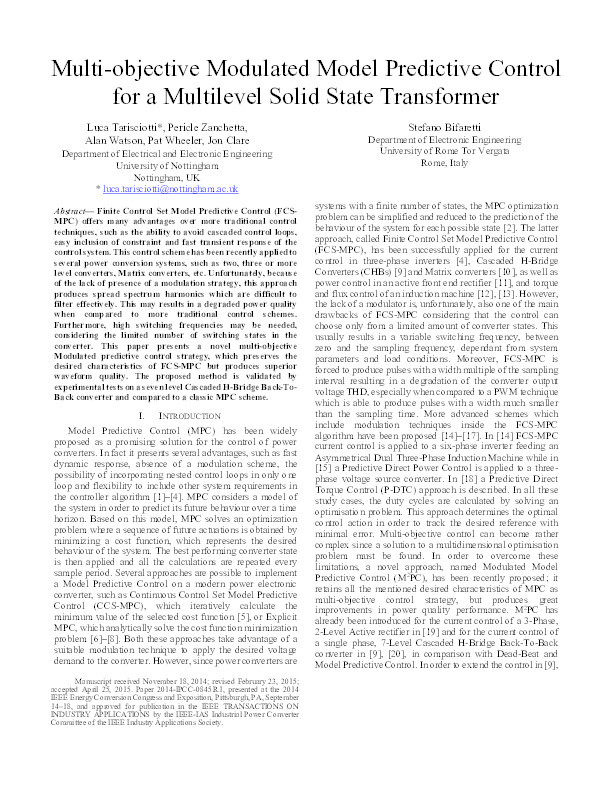 Multi-objective modulated Model Predictive Control for a multilevel solid state transformer Thumbnail