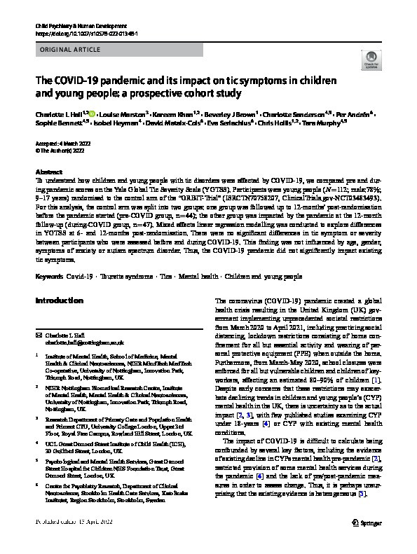 The COVID-19 pandemic and its impact on tic symptoms in children and young people: a prospective cohort study Thumbnail