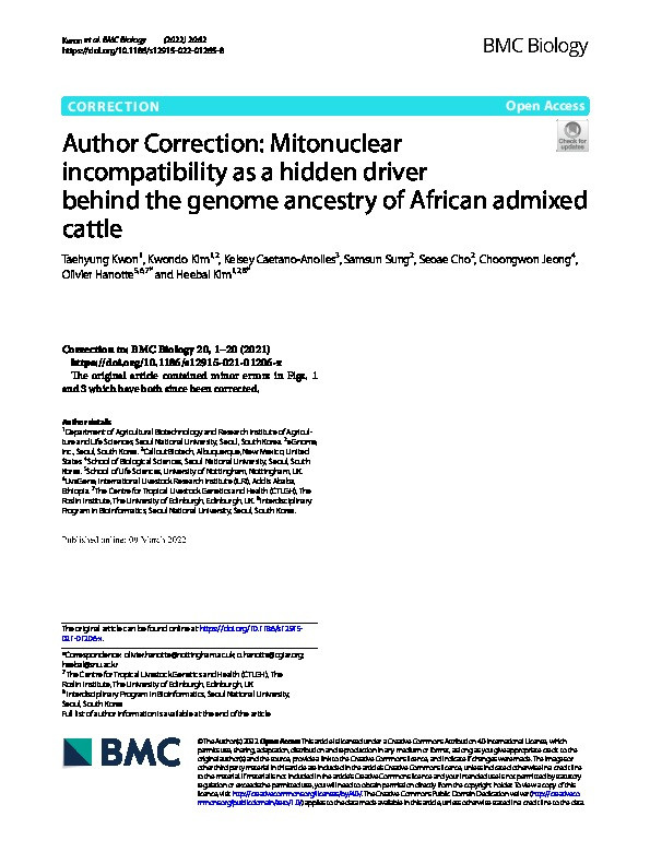 Author Correction: Mitonuclear incompatibility as a hidden driver behind the genome ancestry of African admixed cattle Thumbnail