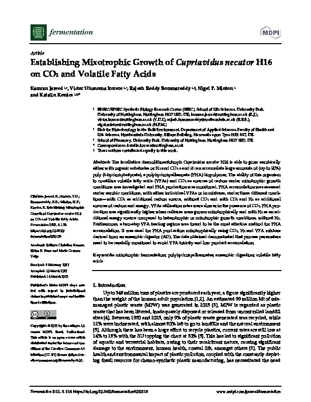 Establishing Mixotrophic Growth of Cupriavidus necator H16 on CO2 and Volatile Fatty Acids Thumbnail