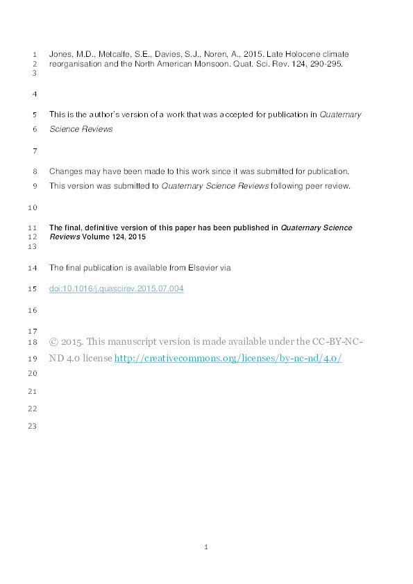 Late Holocene climate reorganisation and the North American Monsoon Thumbnail