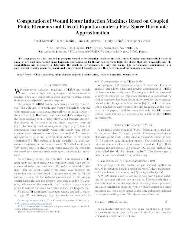 Computation of wound rotor induction machines based on coupled finite elements and circuit equation under a first space harmonic approximation Thumbnail