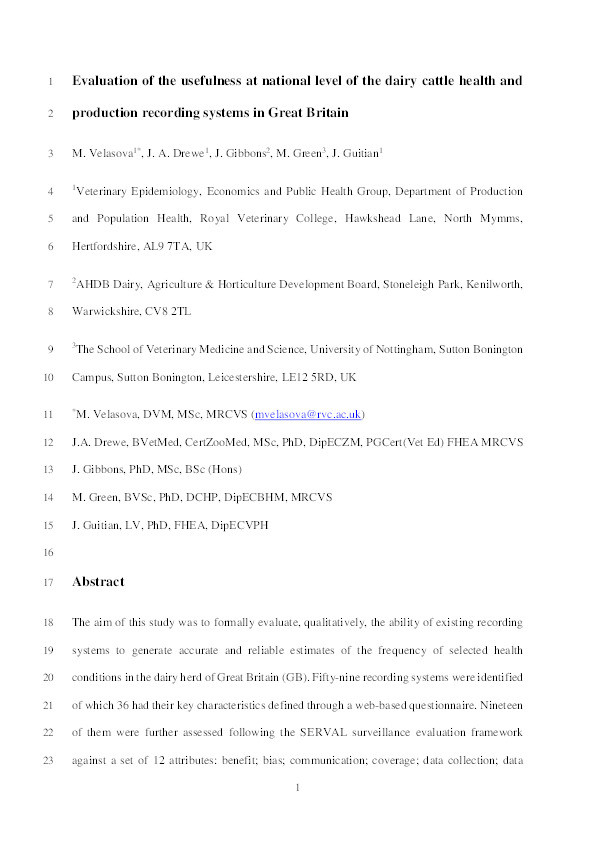 Evaluation of the usefulness at national level of the dairy cattle health and production recording systems in Great Britain Thumbnail