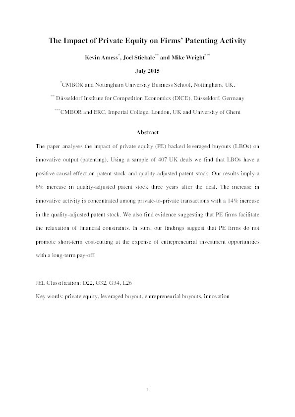 The impact of private equity on firms? patenting activity Thumbnail