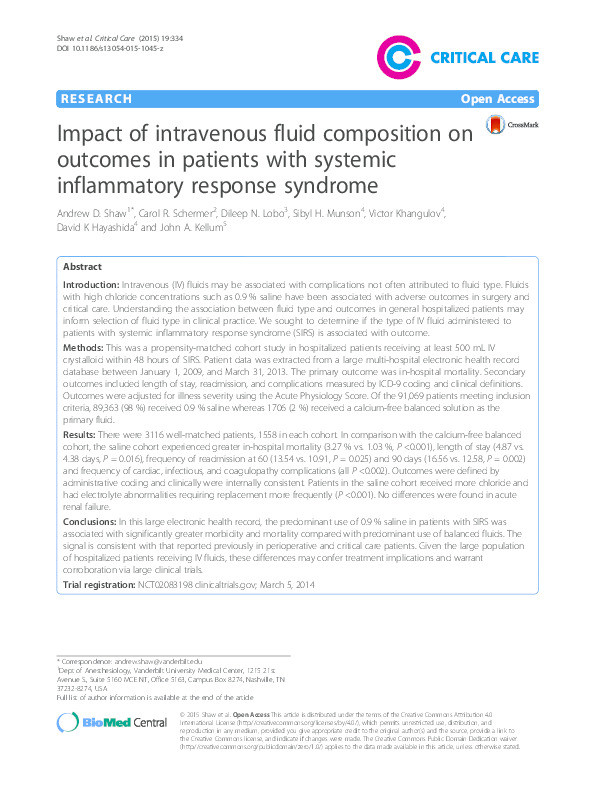 Impact of intravenous fluid composition on outcomes in patients with systemic inflammatory response syndrome Thumbnail