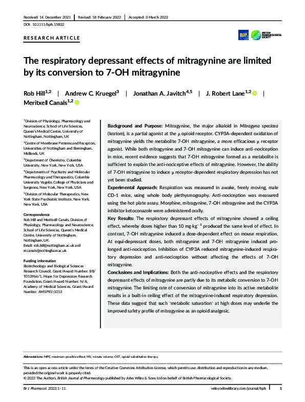 The respiratory depressant effects of mitragynine are limited by its conversion to 7-OH mitragynine Thumbnail