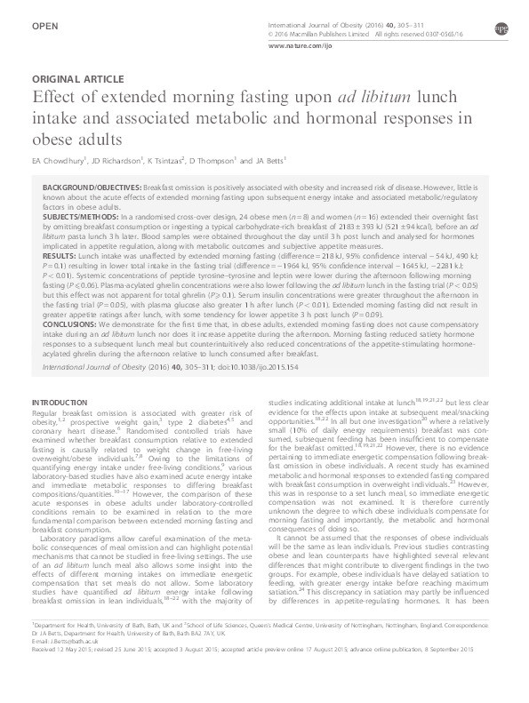 Effect of extended morning fasting upon ad libitum lunch intake and associated metabolic and hormonal responses in obese adults Thumbnail