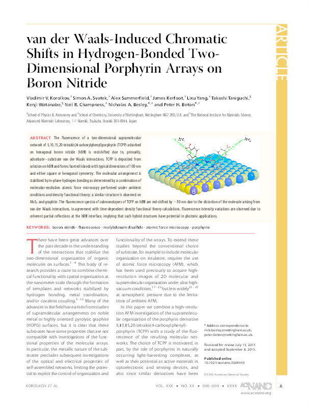 van der Waals-induced chromatic shifts in hydrogen-bonded two-dimensional porphyrin arrays on boron nitride Thumbnail