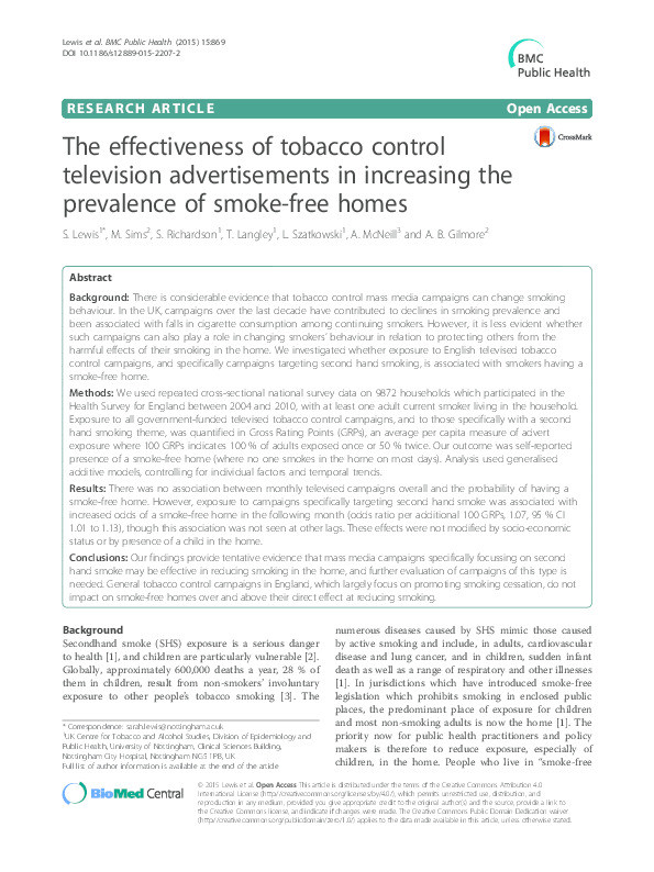 The effectiveness of tobacco control television advertisements in increasing the prevalence of smoke-free homes Thumbnail