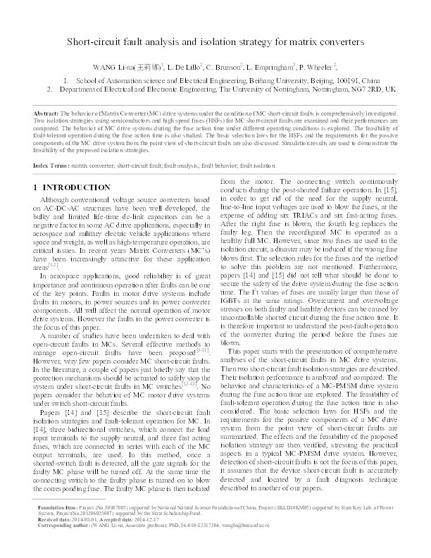 Short-circuit fault analysis and isolation strategy for matrix converters Thumbnail