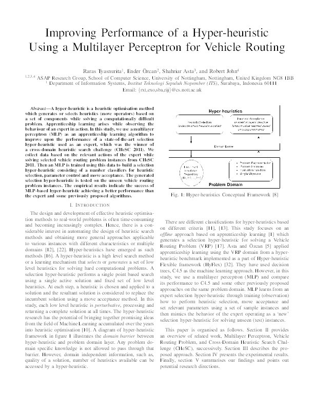 Improving performance of a hyper-heuristic using a multilayer perceptron for vehicle routing Thumbnail