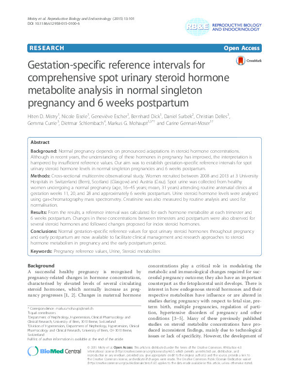 Gestation-specific reference intervals for comprehensive spot urinary steroid hormone metabolite analysis in normal singleton pregnancy and 6 weeks postpartum Thumbnail