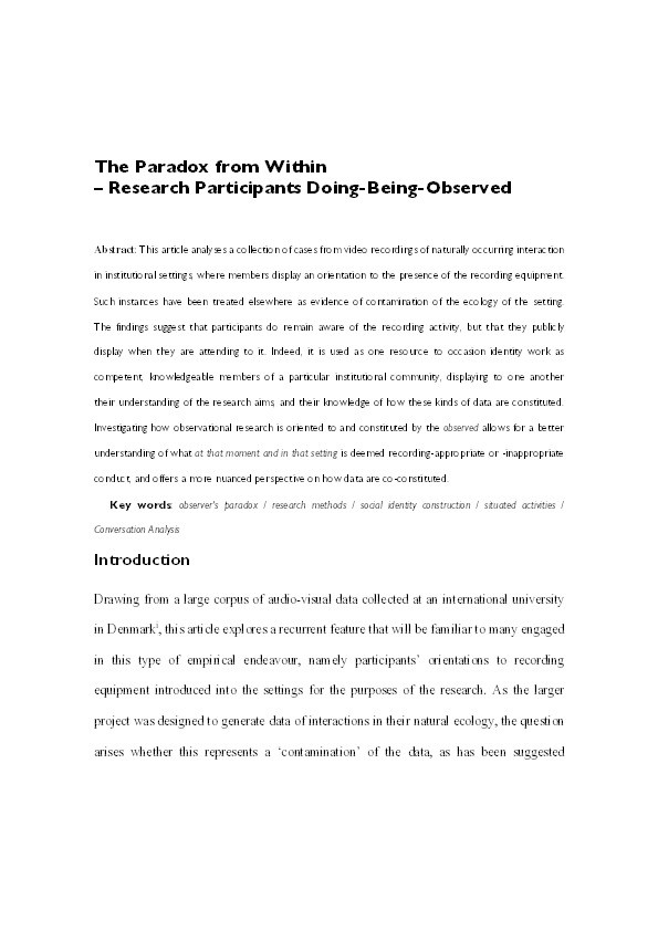 The paradox from within: research participants doing-being-observed Thumbnail