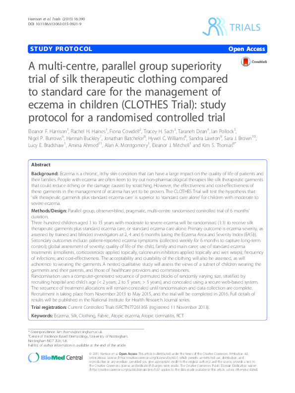 A multi-centre, parallel group superiority trial of silk therapeutic clothing compared to standard care for the management of eczema in children (CLOTHES Trial): study protocol for a randomised controlled trial Thumbnail
