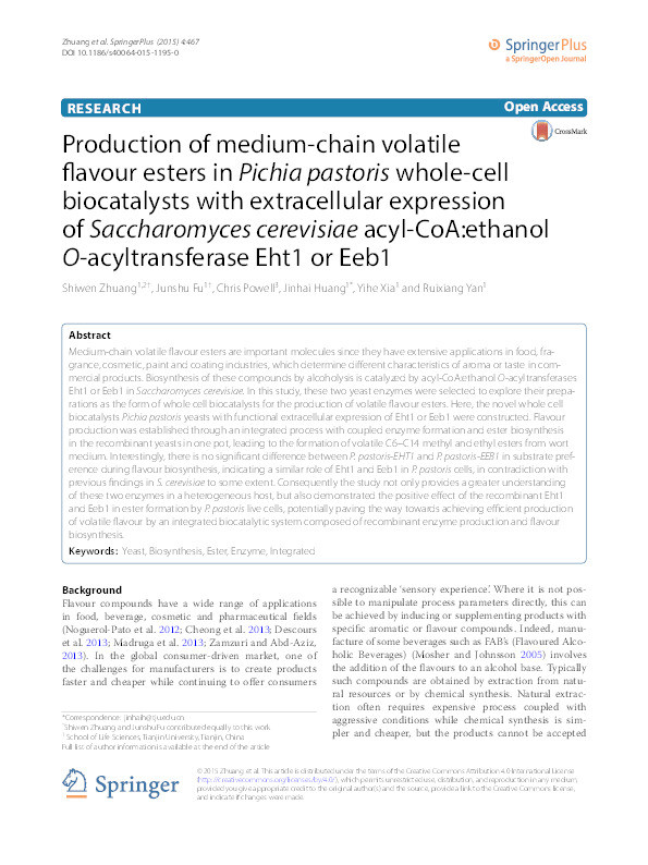 Production of medium-chain volatile flavour esters in Pichia pastoris whole-cell biocatalysts with extracellular expression of Saccharomyces cerevisiae acyl-CoA:ethanol O-acyltransferase Eht1 or Eeb1 Thumbnail