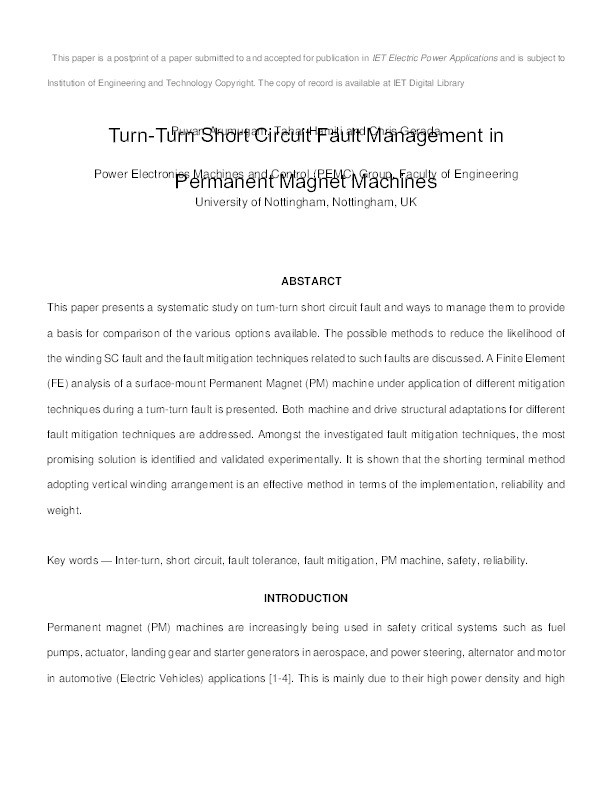 Turn-turn short circuit fault management in permanent magnet machines Thumbnail