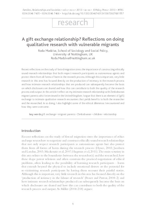 A gift exchange relationship?: reflections on doing qualitative research with vulnerable migrants Thumbnail