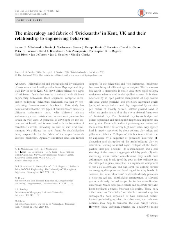 The mineralogy and fabric of 'Brickearths' in Kent, UK and their relationship to engineering behaviour Thumbnail