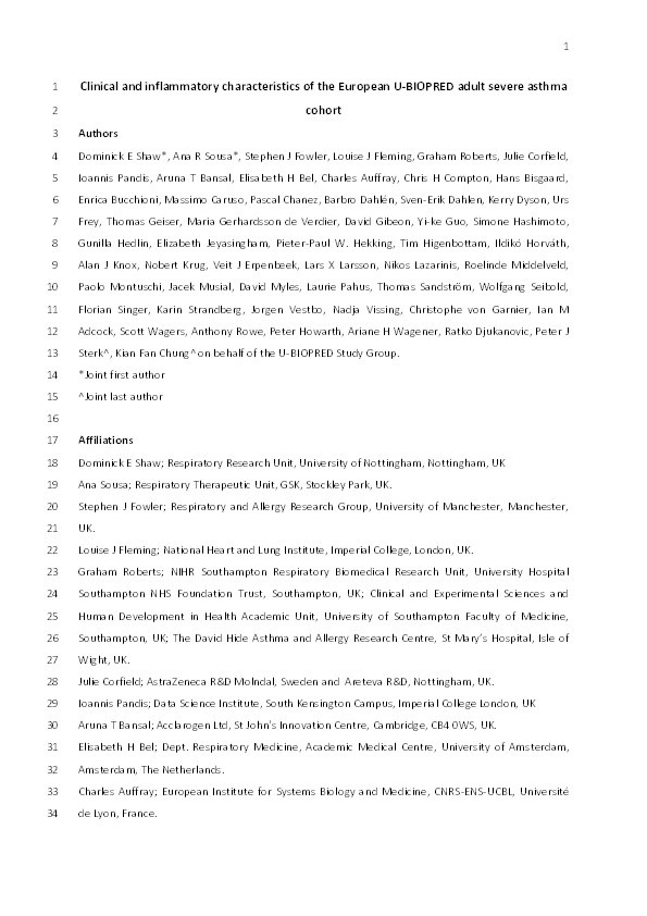 Clinical and inflammatory characteristics of the European U-BIOPRED adult severe asthma cohort Thumbnail