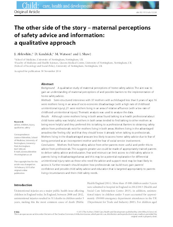 The other side of the story - maternal perceptions of safety advice and information: a qualitative approach Thumbnail