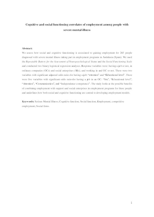 Cognitive and social functioning correlates of employment among people with severe mental illness Thumbnail