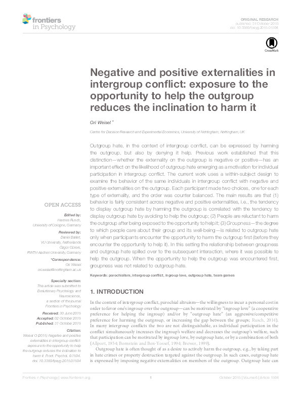 Negative and positive externalities in intergroup conflict: exposure to the opportunity to help the outgroup reduces the inclination to harm it Thumbnail